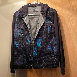 Denim like space jacket with removable hood